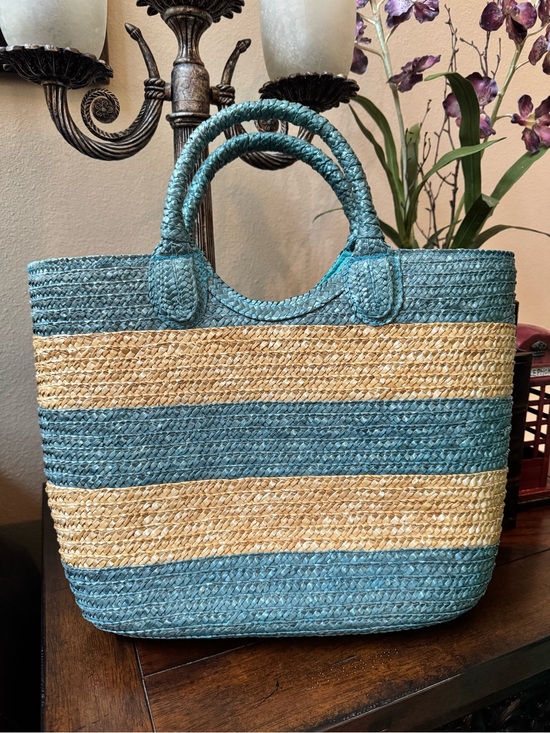 Ralph Lauren Handbags - ✅ “Ralph Lauren” Striped Woven Straw Tote Bag in Teal and Natural